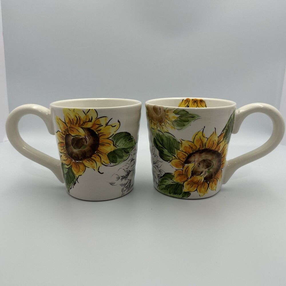 Maxcera Sketch Sunflower Large Coffee Mug Set of 2 Floral Ceramic Cups Farmhouse